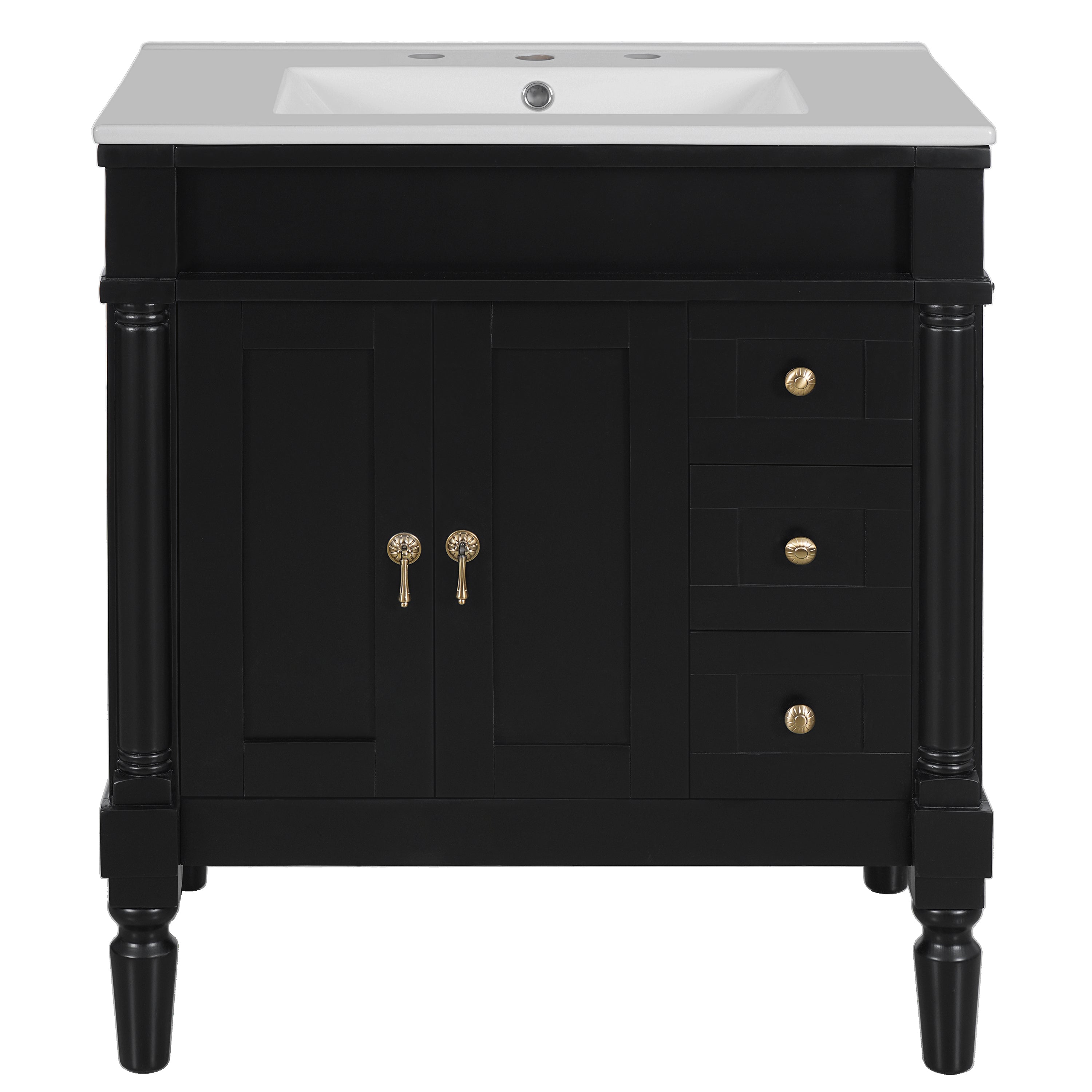 VanityFus Black 30-in Bathroom Vanity Single Sink Combo Ceramic Top 2 Soft-Close Doors 3 Drawers Adjustable Shelves